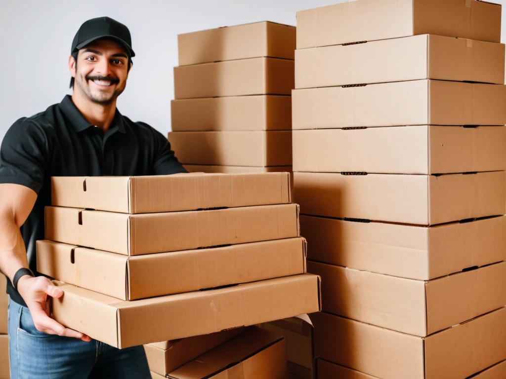 a stack of square pizza boxes with a delivery person holding one box, ready to deliver