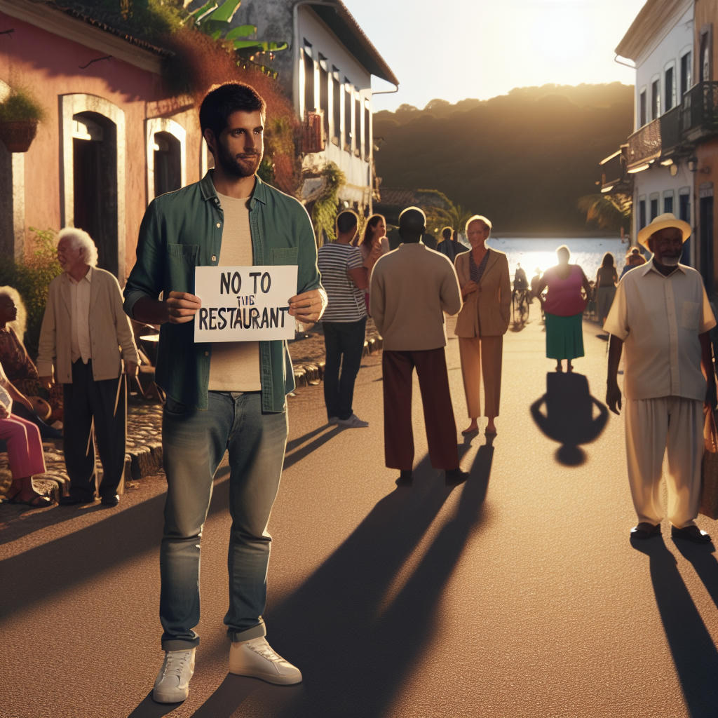 morador de canoas segurando um cartaz com a mensagem 'não ao restaurante', cena de uma rua calma, pessoas passando em volta, sol baixo, sombras longas, cores mornas