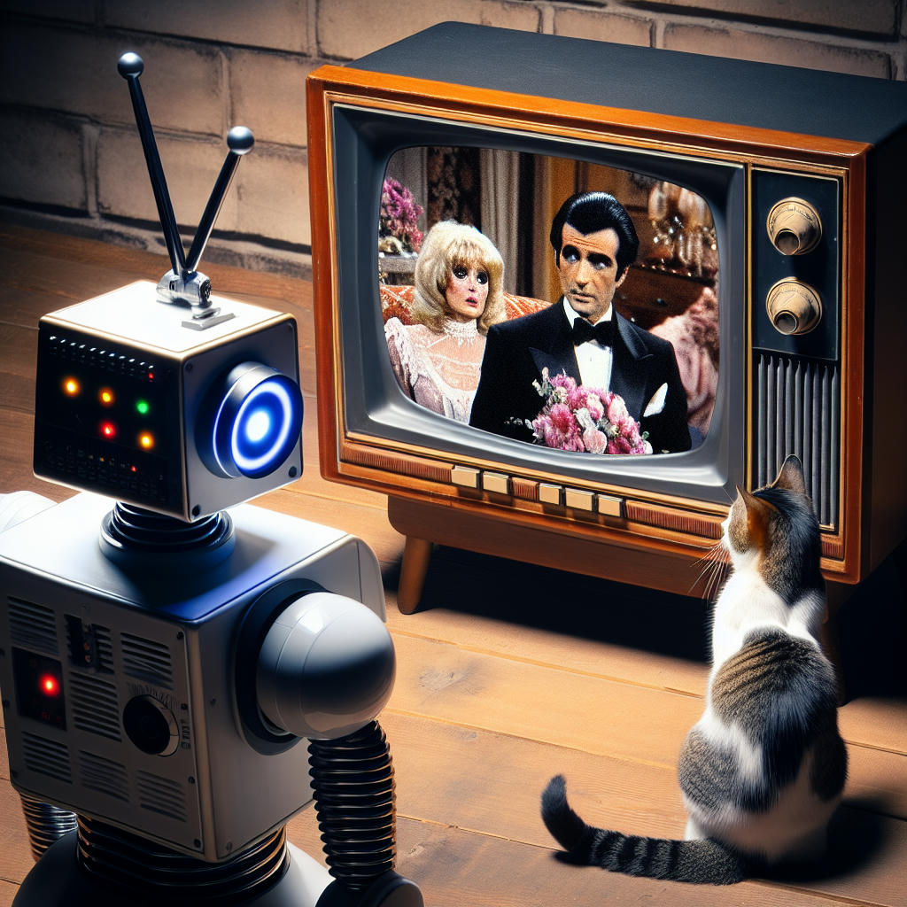An AI robot sitting in a living room, watching a soap opera intensely.