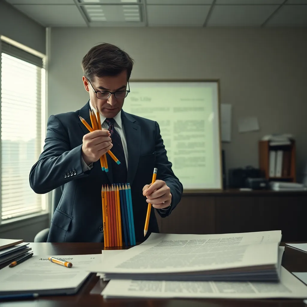 a person in formal business attire heroically sharpening twelve pencils while a giant untouched report glows ominously on a desk, hyper-detailed cinematic office scene, absurd seriousness