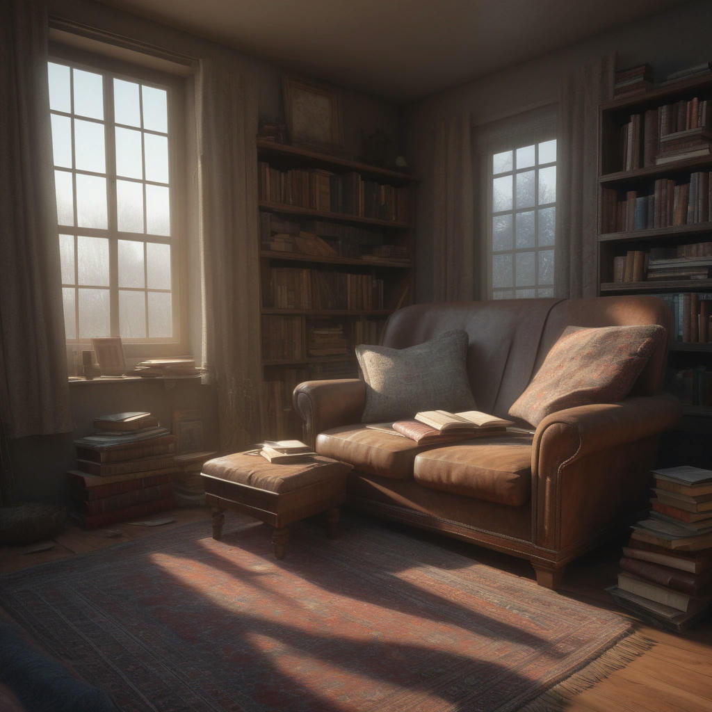 A warm, cozy living room with a few scattered books, a worn-out armchair, and a vintage rug, with a large window in the background showing a misty morning outside, highly detailed, realistic, 8k, trending on artstation