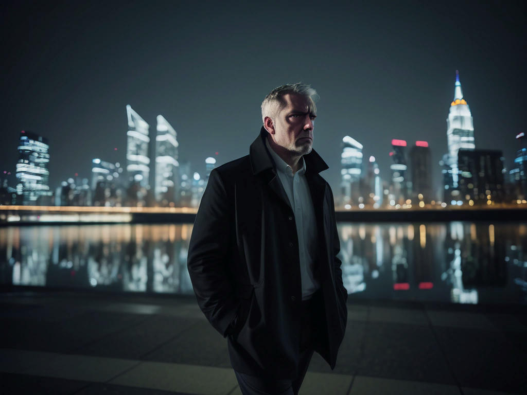 a far-right leader walking alone in a modern city at night, looking reflective and contemplative, with a cityscape lit up in the background