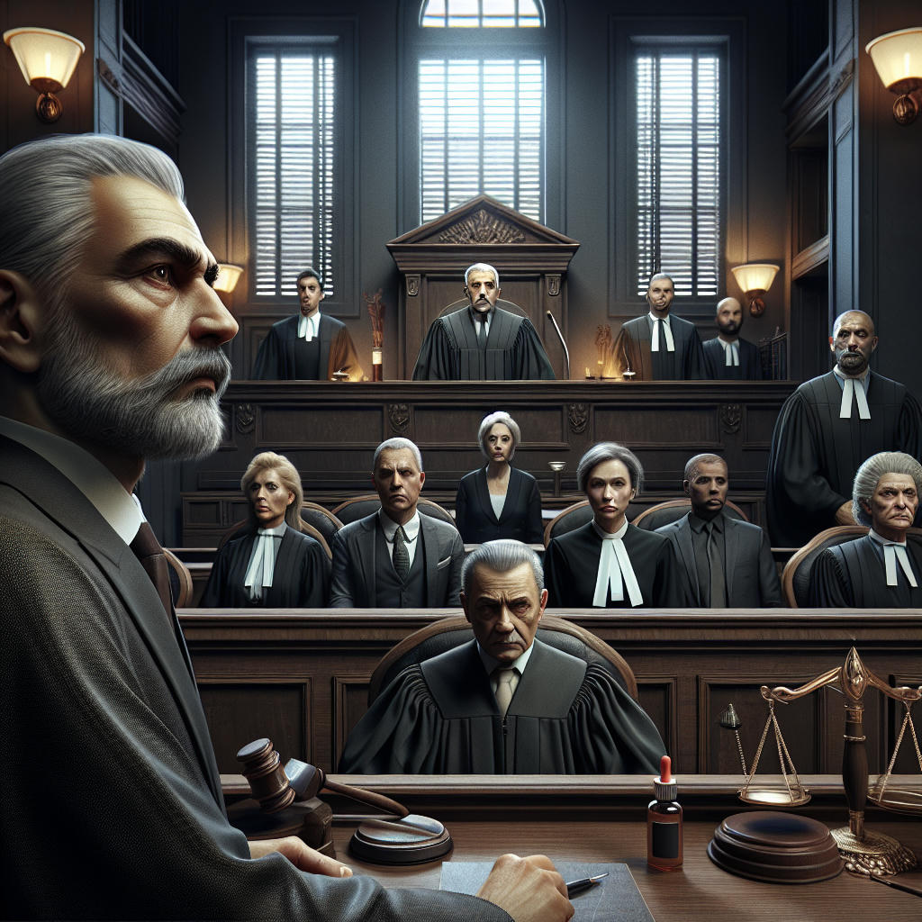 a courtroom scene with an elderly man resembling Adolf Hitler on trial, judges and lawyers present, highly detailed, photorealistic, dramatic lighting