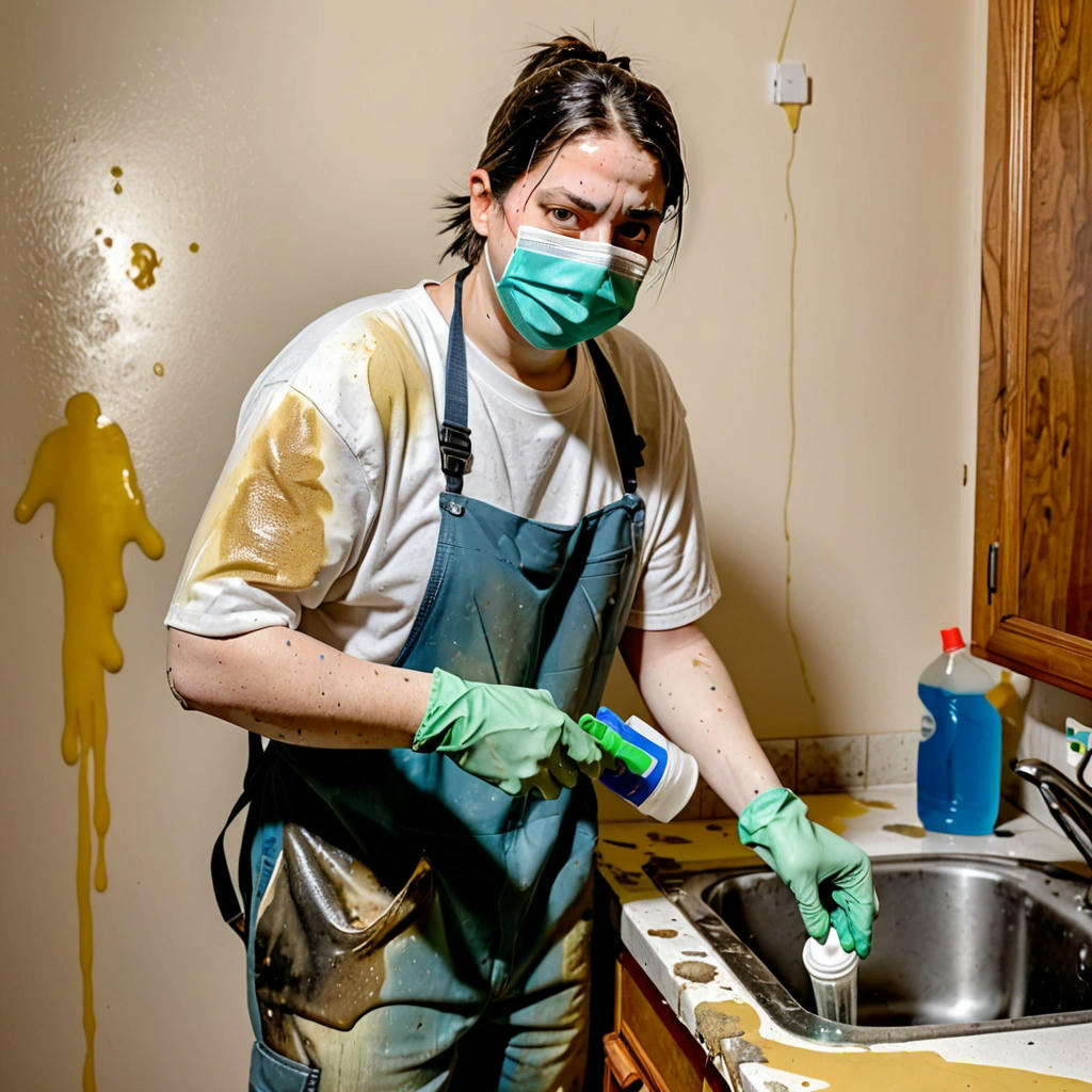 A person wearing a face mask, scrubbing a moldy surface