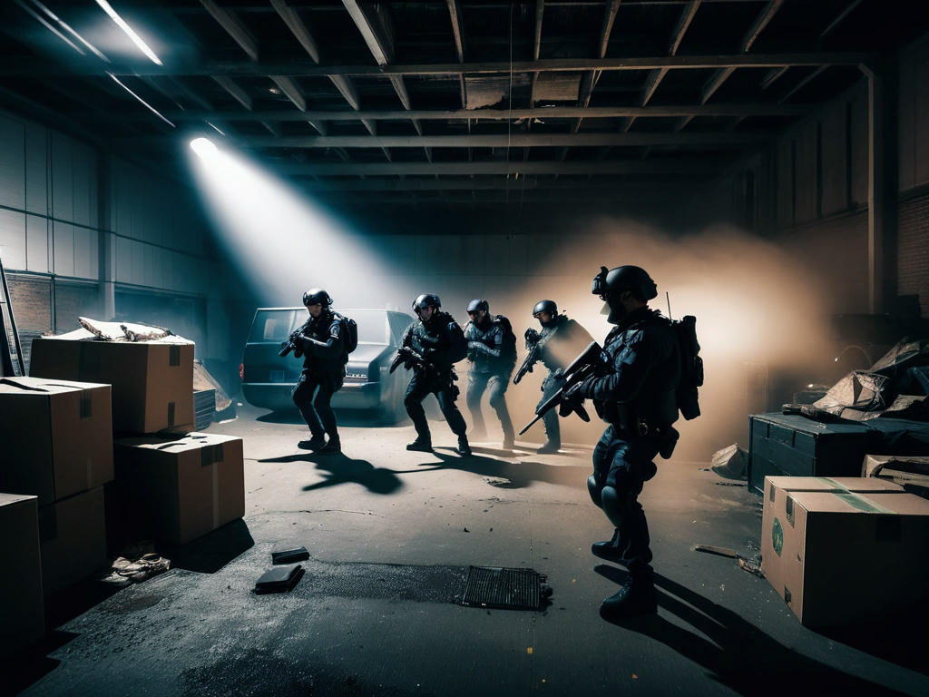 a dramatic police raid at an abandoned warehouse, with officers in tactical gear and searchlights cutting through the darkness