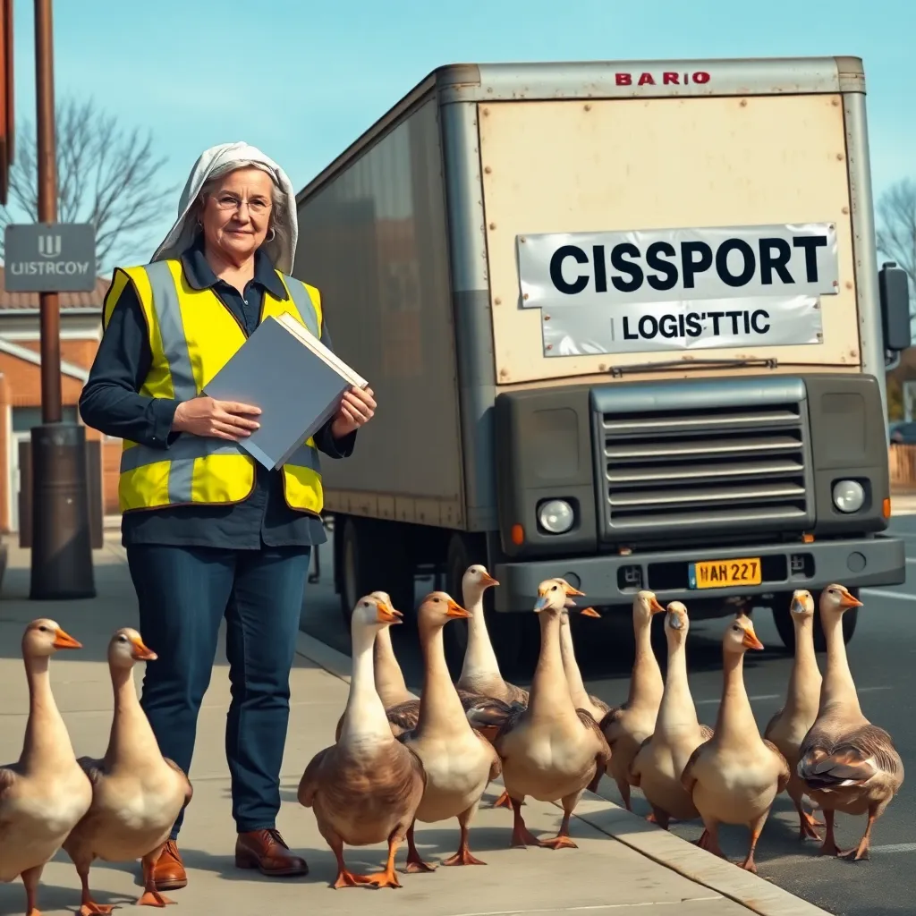 A stern woman in a pilgrim hat and fluorescent vest holding a thesaurus like a weapon, standing beside a confused delivery driver whose truck is labeled 'CISPORT LOGISTICS' with duct tape over the original 'TRANSPORT' logo. A flock of judgmental-looking geese watches from the sidewalk