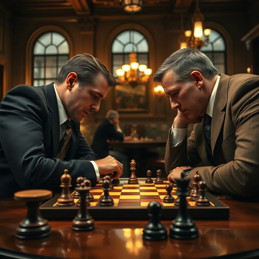 intense chess match in a grand cafe, players in old-fashioned suits leaning over board, opening position of Ruy Lopez developing, dramatic expressions, warm lamp light, polished wooden pieces, cinematic realism, high detail