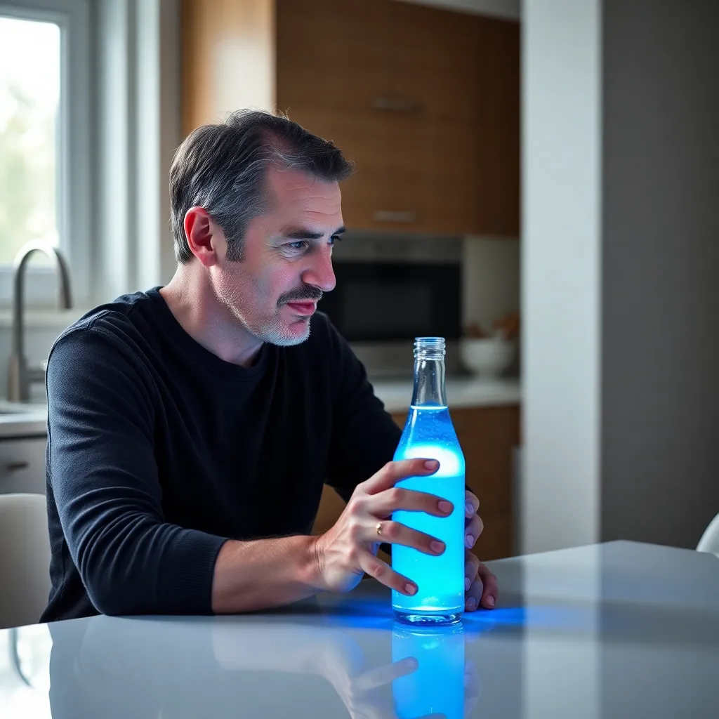A middle-aged man sitting at a kitchen table, staring intensely at a bottle of bright blue liquid, his skin starting to take on a faint blue tint, the kitchen is hyper-modern and sterile