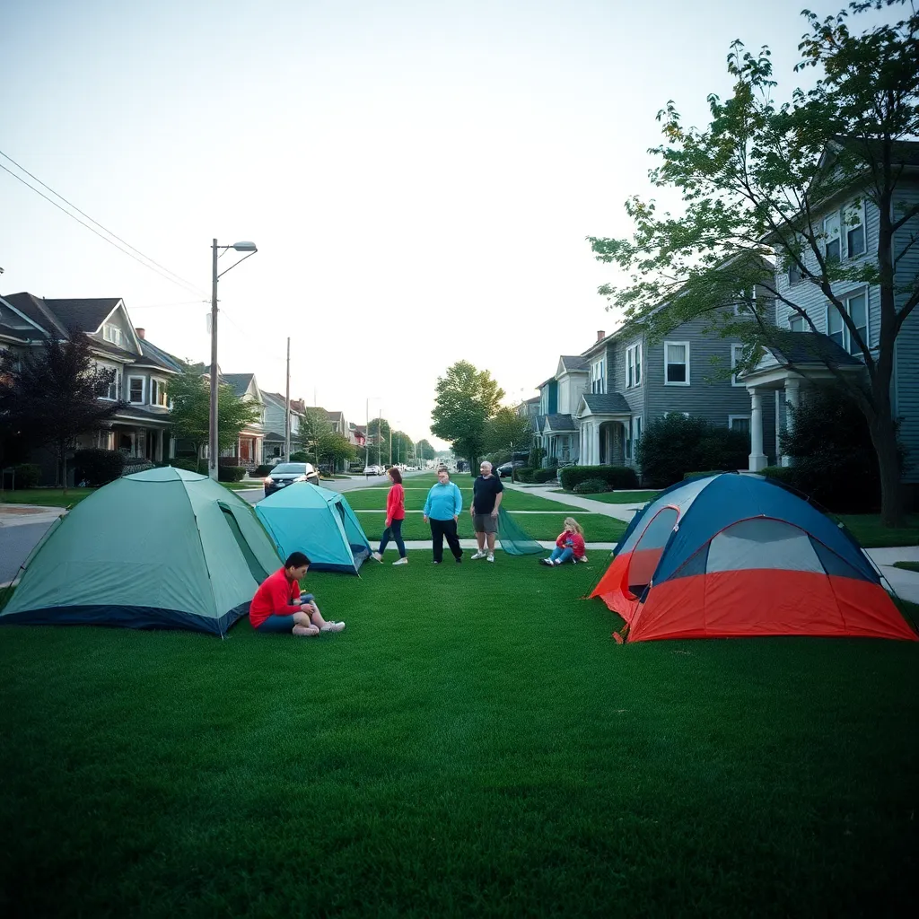A medium shot of a suburban street in Providence, Rhode Island, where three separate families are attempting to pitch tents on a single manicured lawn, neutral lighting, documentary photography