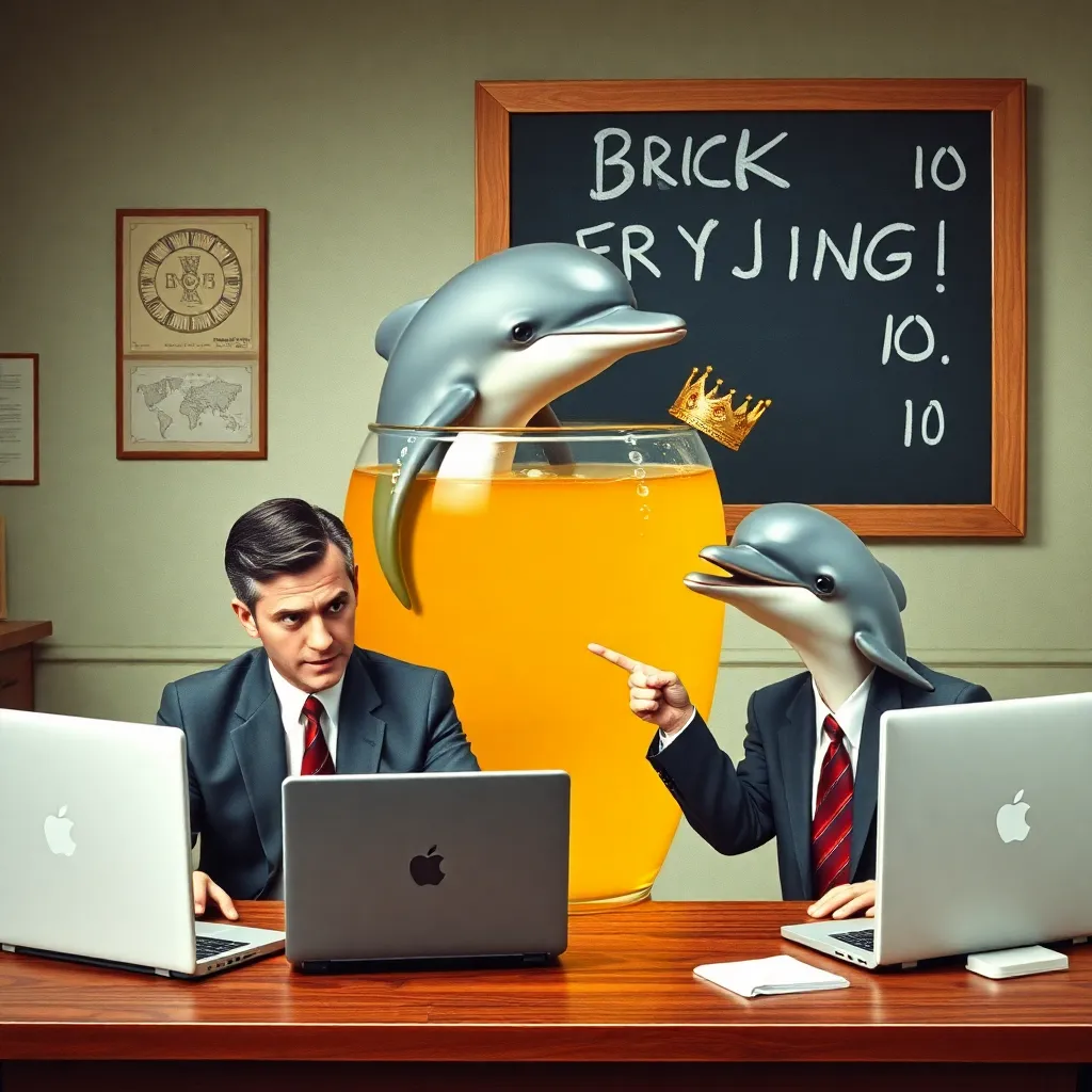 panicked executives in business suits dipping laptops into a honey vat while a confused dolphin wears a tiny crown and points at a chalkboard labeled 'BRICK FRYING 101', 1970s office setting