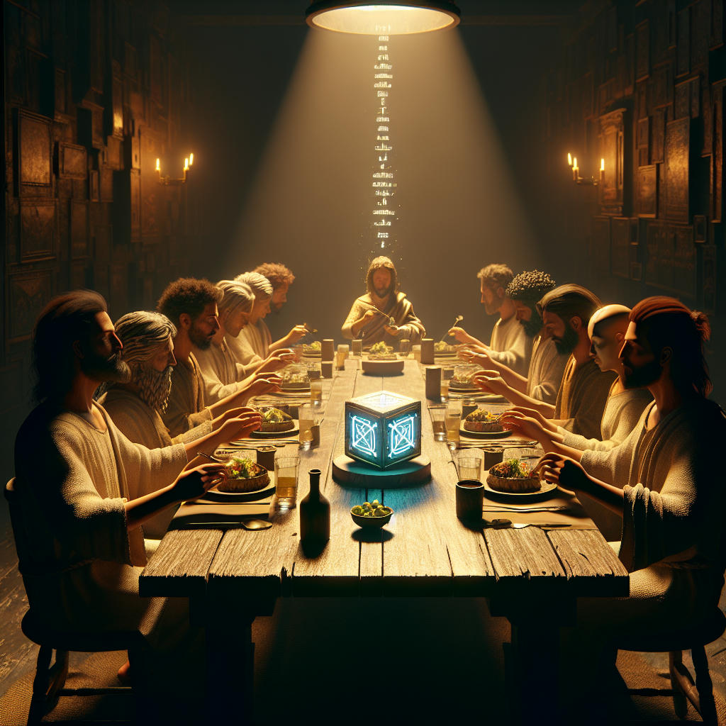 A solemn dinner scene with Jesus and his disciples, intricate details, dramatic lighting, a cube with glowing symbols on the table, hyper-realistic, 4k