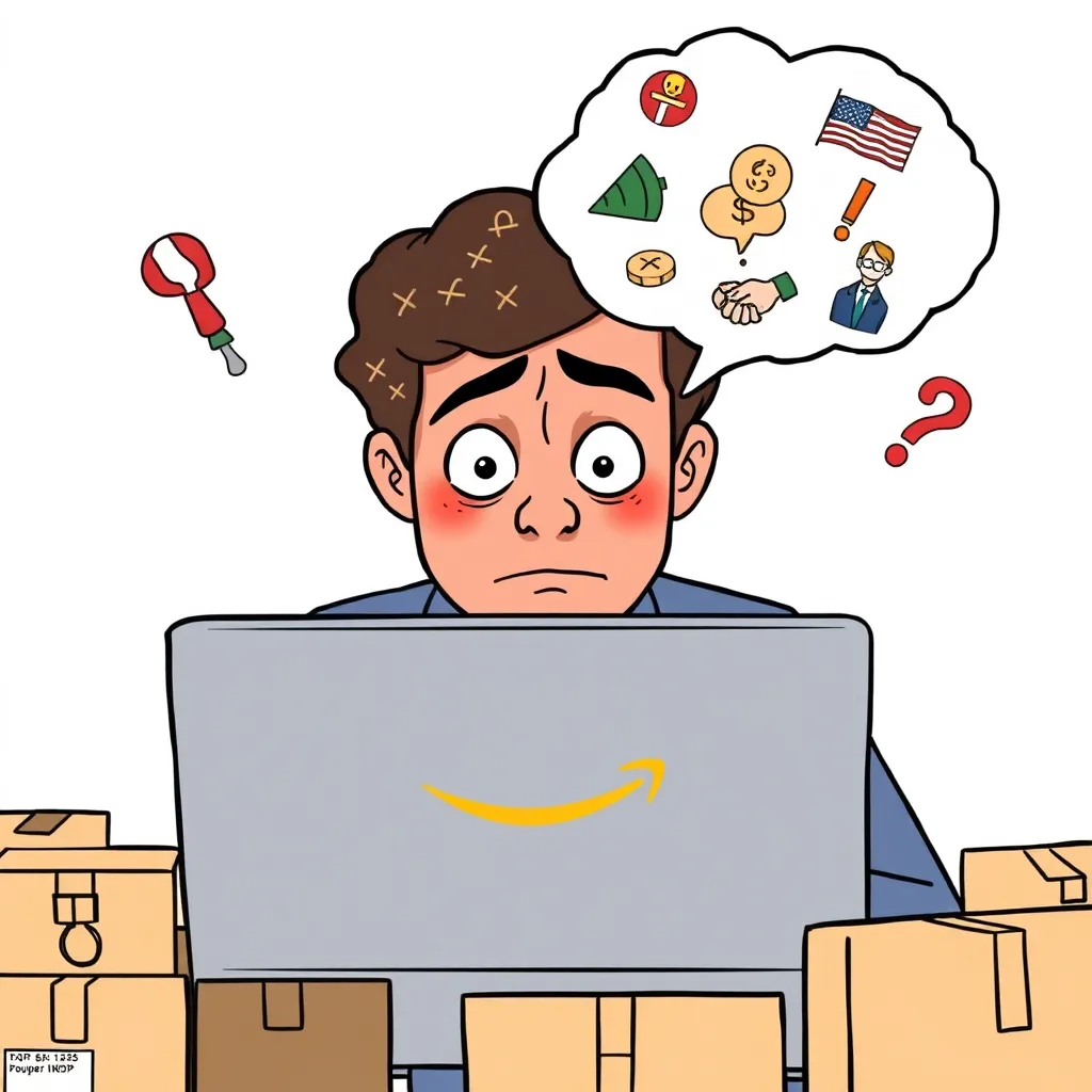 A confused Amazon customer looking at a computer screen, surrounded by packages, with a thought bubble showing a mix of tariffs and political symbols
