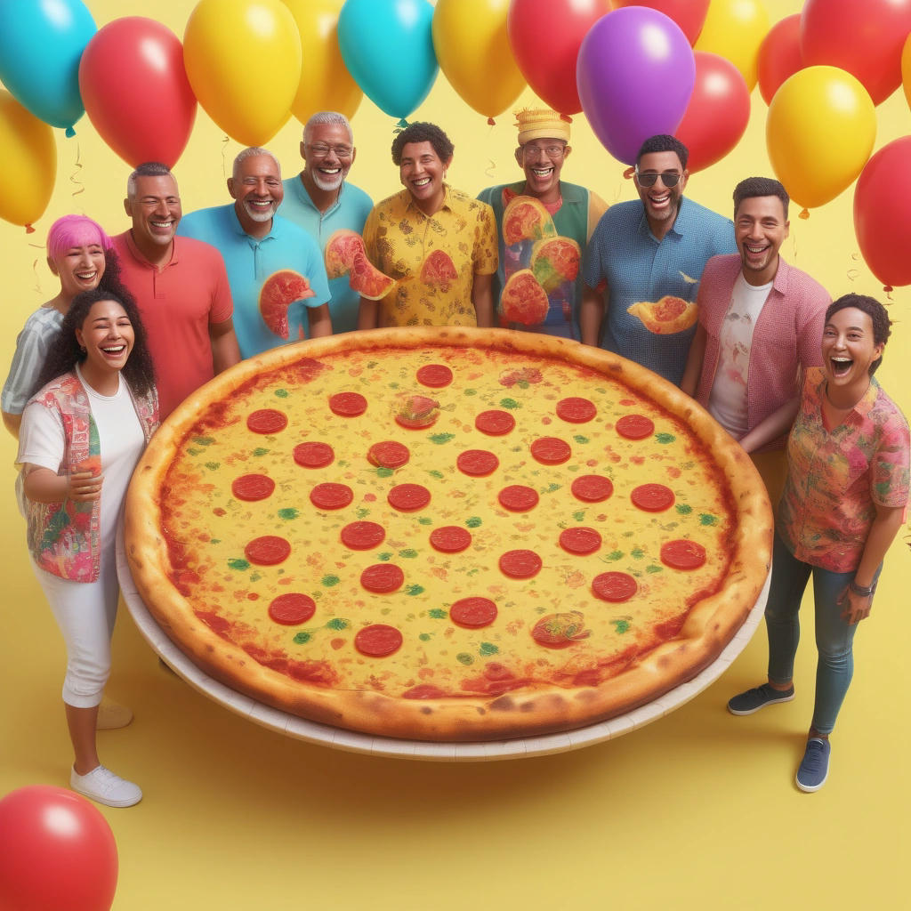 a group of people from different cultures and ages, holding slices of pizza, standing in front of a giant pizza with a pineapple on top, smiling and laughing, colorful balloons and streamers in the background, vibrant colors, high-quality, detailed, realistic, stunning, breathtaking, awe-inspiring