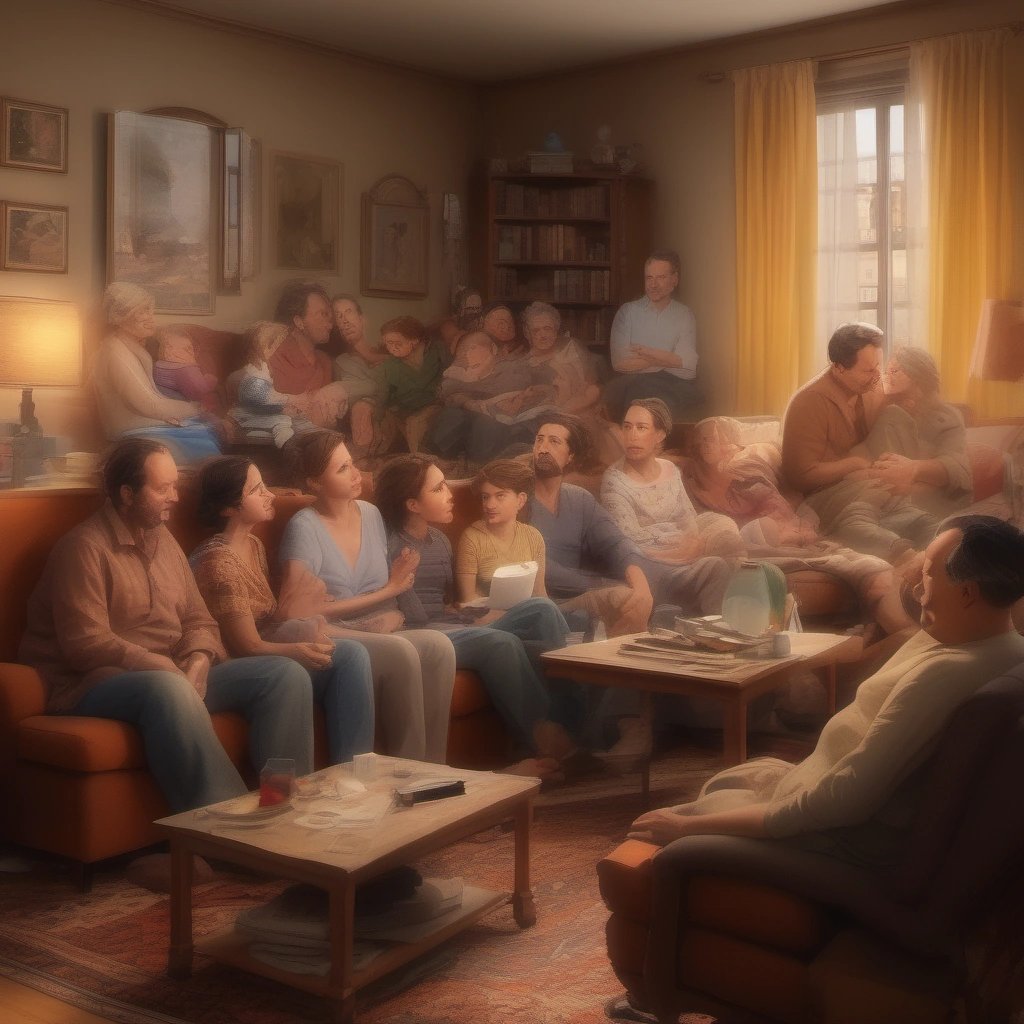 Family watching TV, reacting to Ȟ