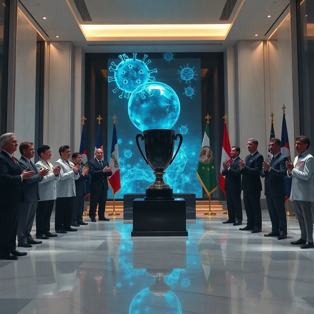 formal international award ceremony in a sleek modern hall with diplomats, military officers, and scientists applauding as a mysterious black trophy is presented to shadowy containment officials, subtle supernatural distortions in the background, polished marble, flags, cinematic lighting, absurdly serious tone