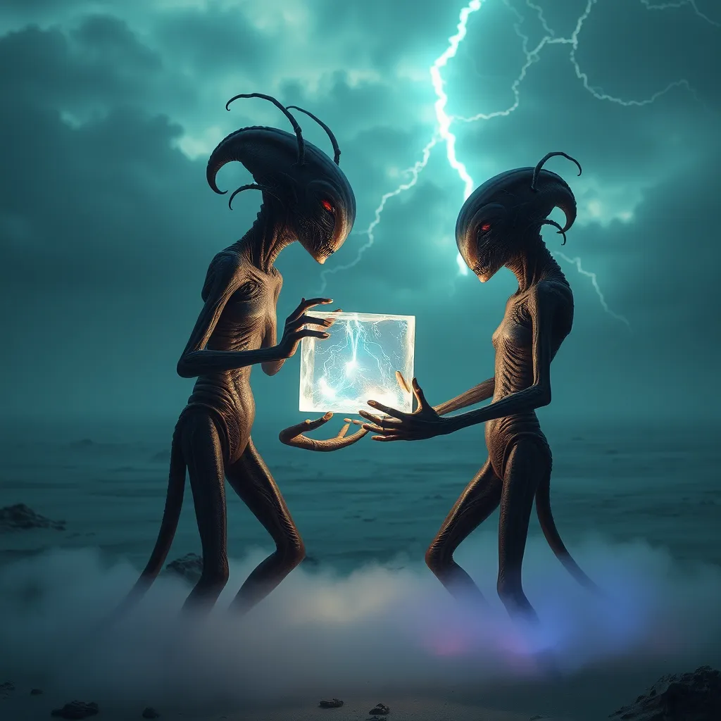 two bizarre but elegant aliens on a stormy methane plain exchanging a glowing cube of compressed thunder, bioluminescent mist, romantic tension, surreal science fiction realism, dramatic skies