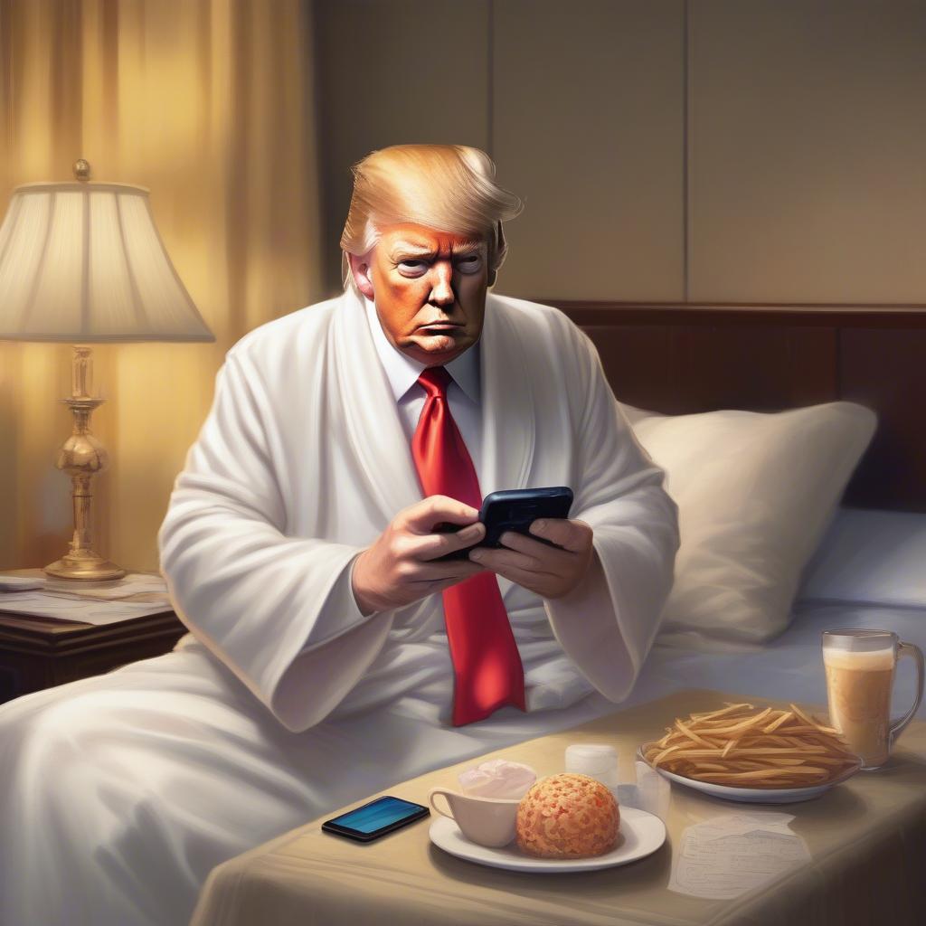 Donald Trump in a bathrobe glaring at a smartphone showing a 'waiting for host to start meeting' notification, golden curtains in background, fast food wrappers on bedside table