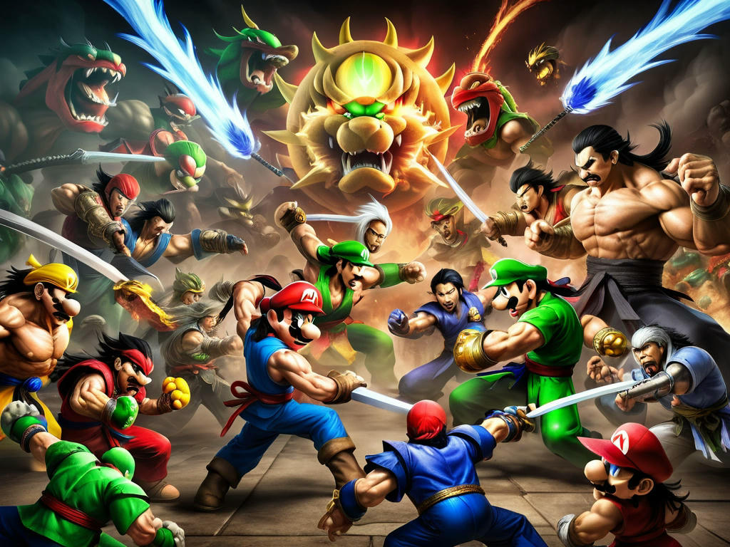 Epic battle scene with Mario, Luigi, Raiden, Liu Kang, and other heroes fighting against Bowser and Shang Tsung in a chaotic, merged realm