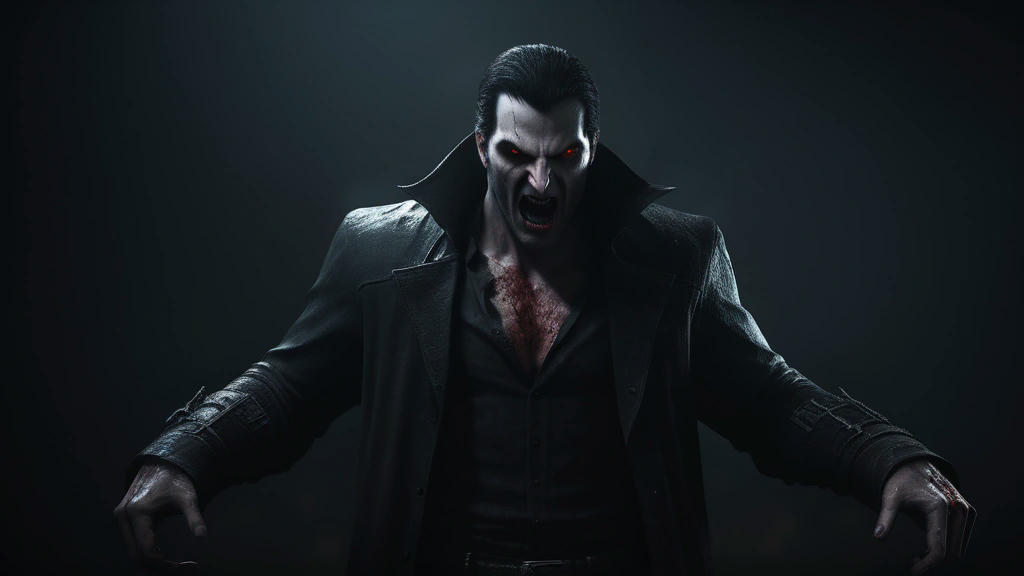 a developer battling a vampire made of code, dark and eerie atmosphere, high quality, extremely detailed, photorealistic, cinematic lighting