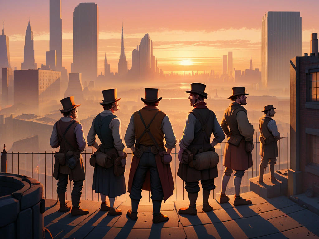 A cityscape at sunset, with a group of Luddites standing together, looking out at the viewer, with a sense of determination and hope