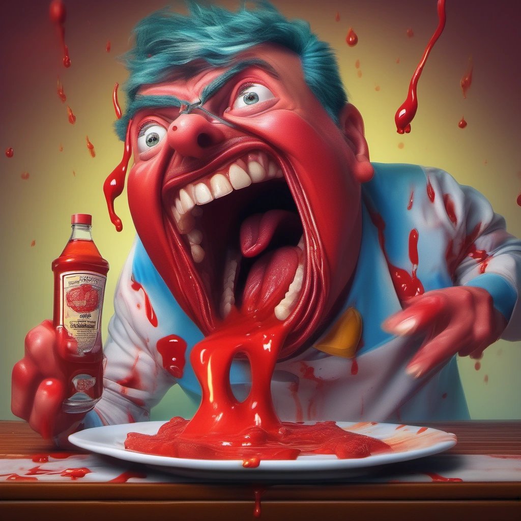 Shocked carnivore witnessing steak ketchup horror