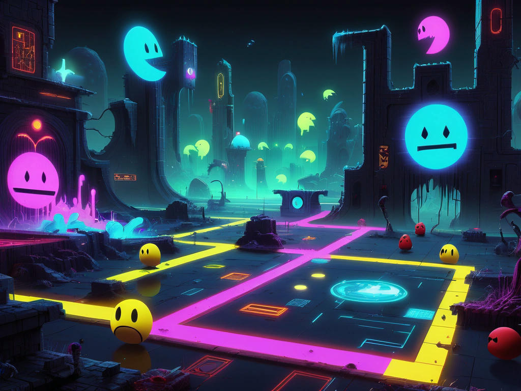 Epic battle scene between Pac-Man and the Ghost Lords, with neon lights and crumbling digital landscapes