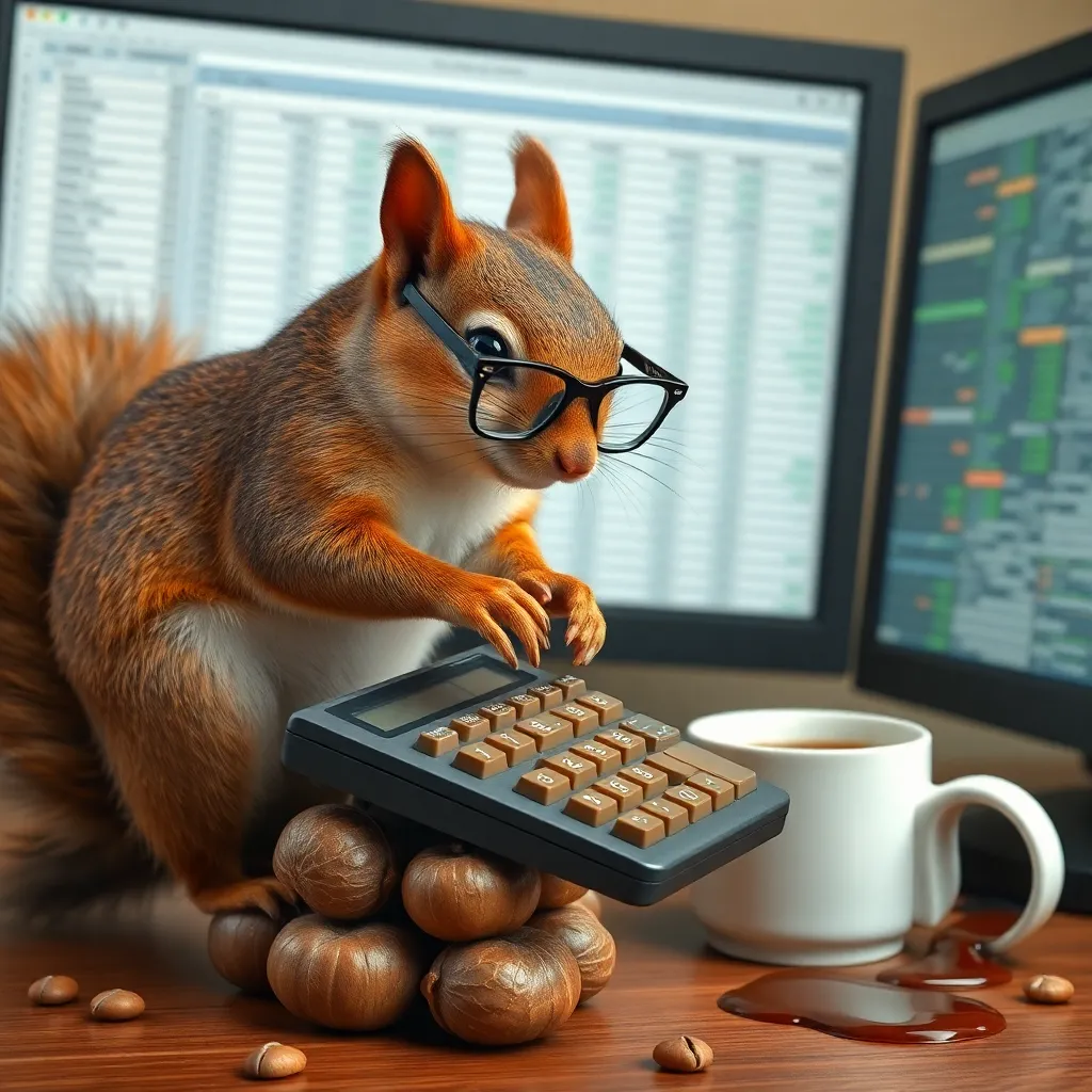 A squirrel wearing tiny glasses balancing on a stack of acorns while frantically typing on a walnut-sized calculator, spilled coffee cup nearby, chaotic spreadsheet on monitor
