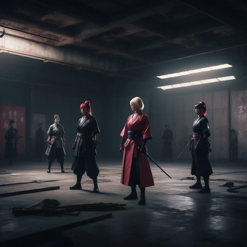 Donald Trump facing off against Lady Sakura and her ninjas, abandoned warehouse background, dramatic lighting, high contrast, cinematic, 4k, detailed, photorealistic