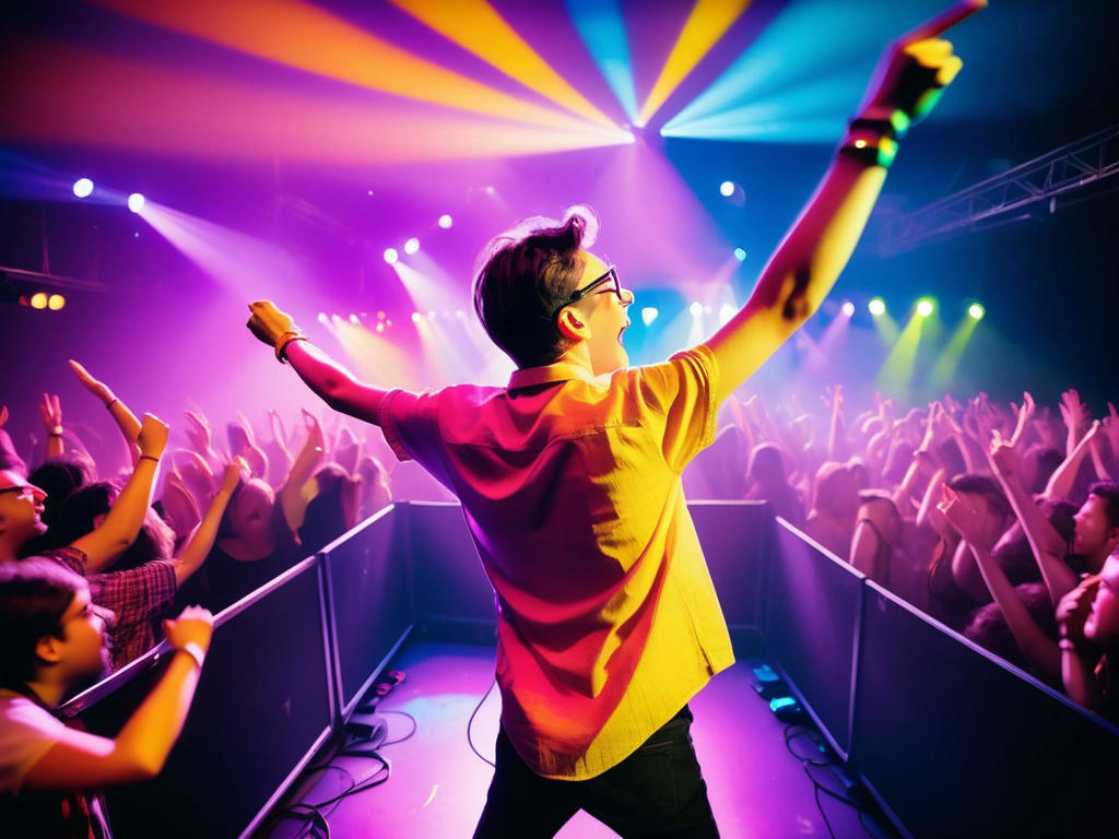 a lively concert scene with Neil Cicierega performing on stage, colorful lights and an enthusiastic crowd