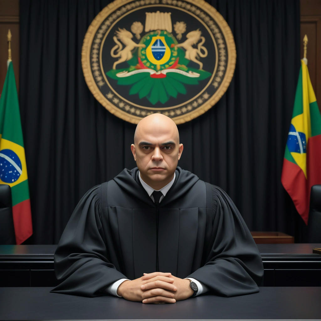 A depiction of Alexandre de Moraes presiding over the STF, with symbols of justice and law surrounding him.