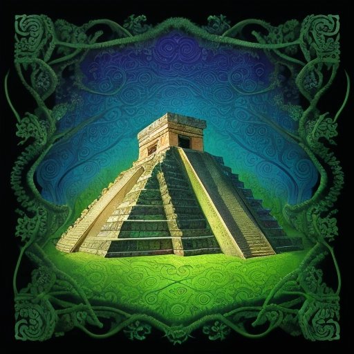 Mayan temples intertwined with psychedelic patterns