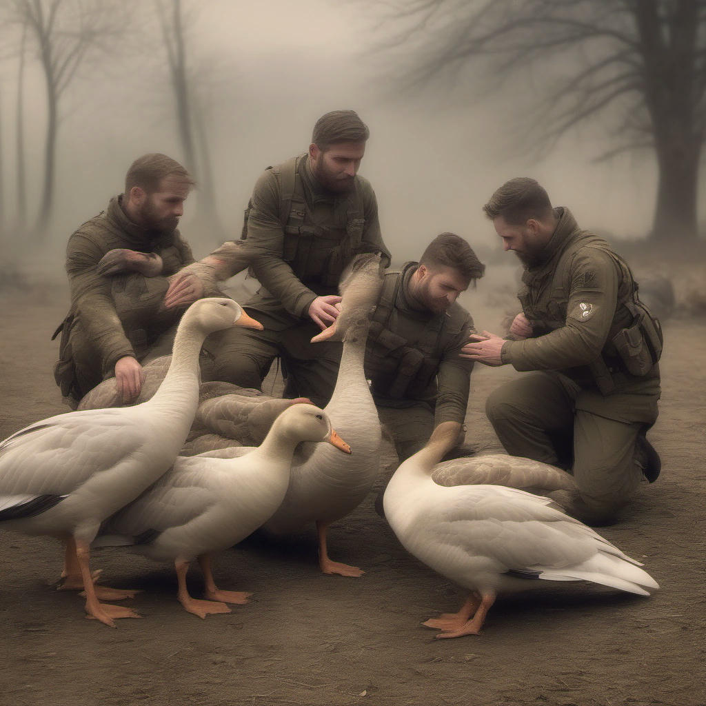 A wounded goose being helped by its peers.