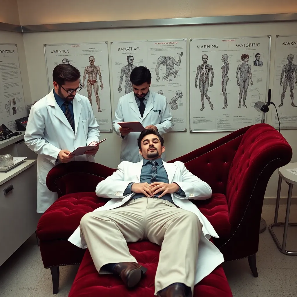 an absurdly serious laboratory examining romance, researchers in white coats studying clipboards while a disastrous self-proclaimed alpha male lies awkwardly on a velvet chaise longue beside anatomical diagrams, red warning lights, tasteful magazine-style composition
