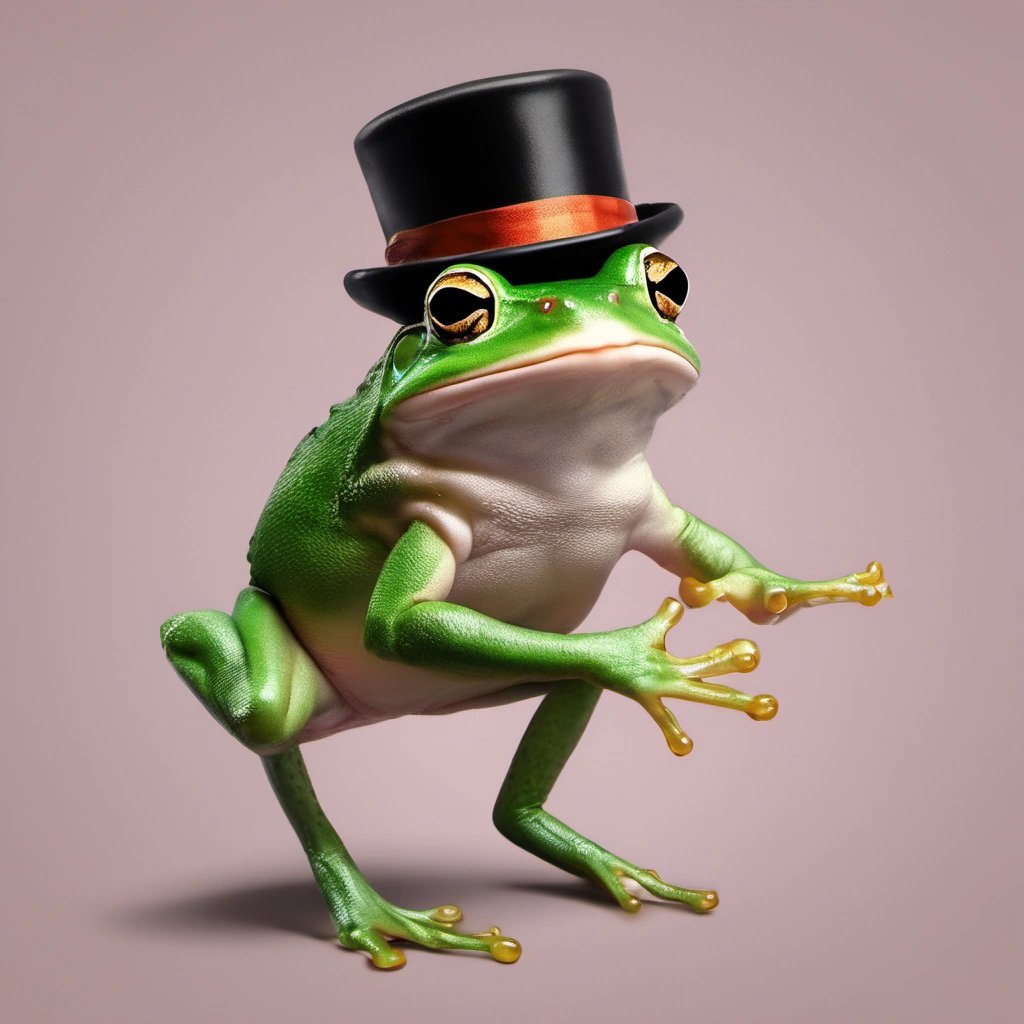 Playful pet frog happily wearing a stylish top hat