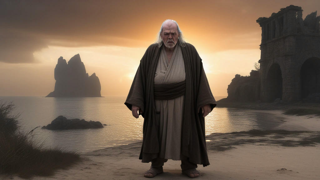 A grumpy old Jedi master in a tattered robe, standing on a remote island with ancient ruins, dramatic sunset in the background, highly detailed, epic atmosphere