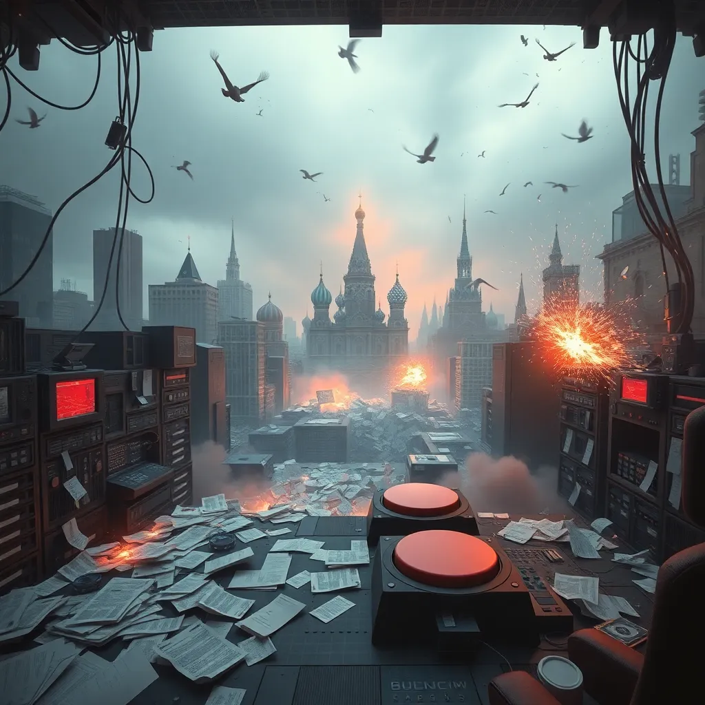 epic surreal cityscape of Moscow with a massive underground command server room imploding into paperwork, cables, sparks, and shattered control panels, giant red button labeled launch, dark comic grandeur, highly detailed, cinematic perspective