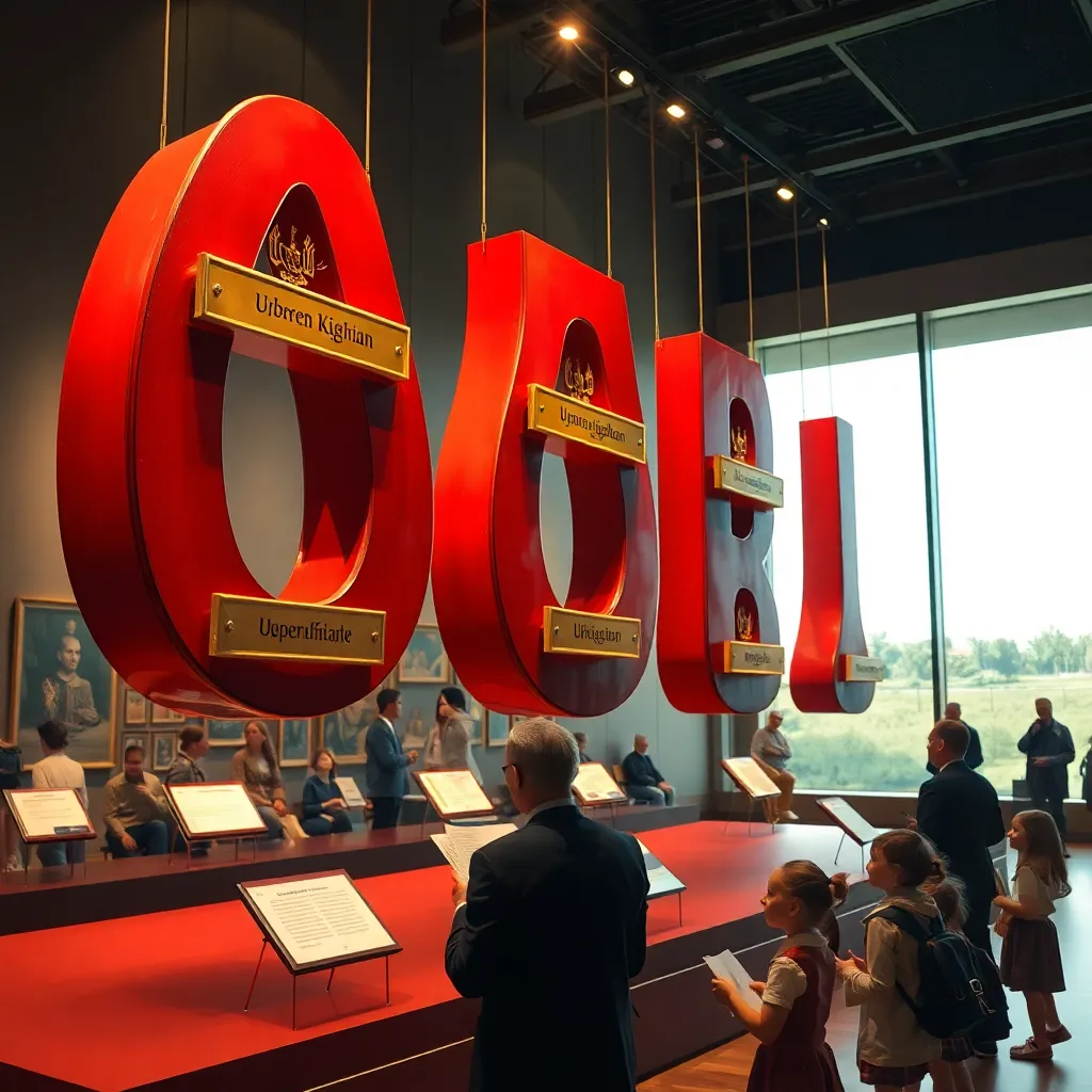 surreal alphabet exhibition with giant floating Ukrainian letters each wearing ceremonial name plaques, scholars taking notes, schoolchildren looking stunned, museum lighting, rich red and gold tones, whimsical official atmosphere, highly detailed