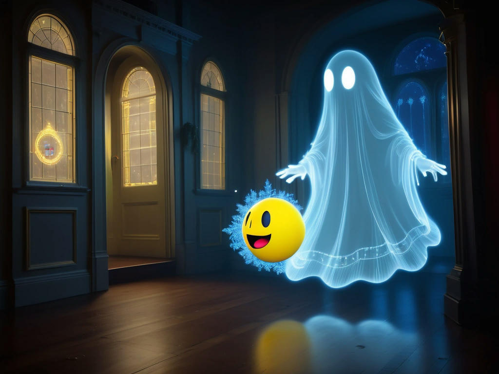 Pac-Man chasing a glowing, ethereal ghost through scenes of Victorian Christmas past