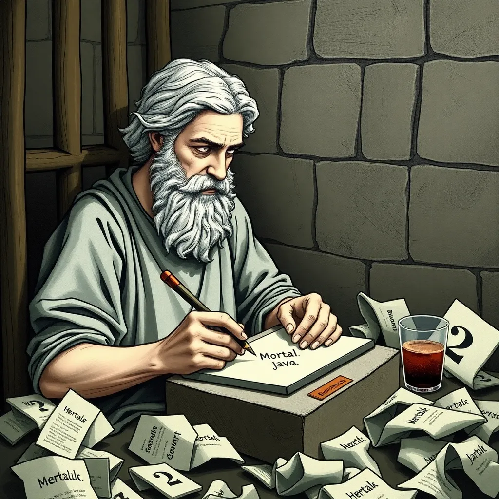 Socrates in prison cell, scratching furiously on a small stone slab with a stylus, surrounded by crumpled failed code attempts labeled 'Mortal.java', a half-empty hemlock cup beside him