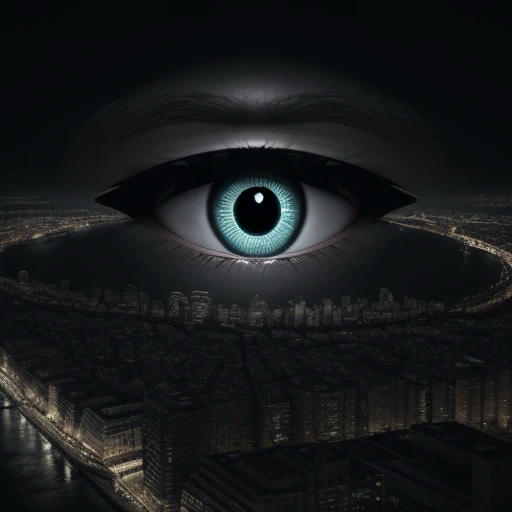 A cityscape at night, with a giant eye watching over it