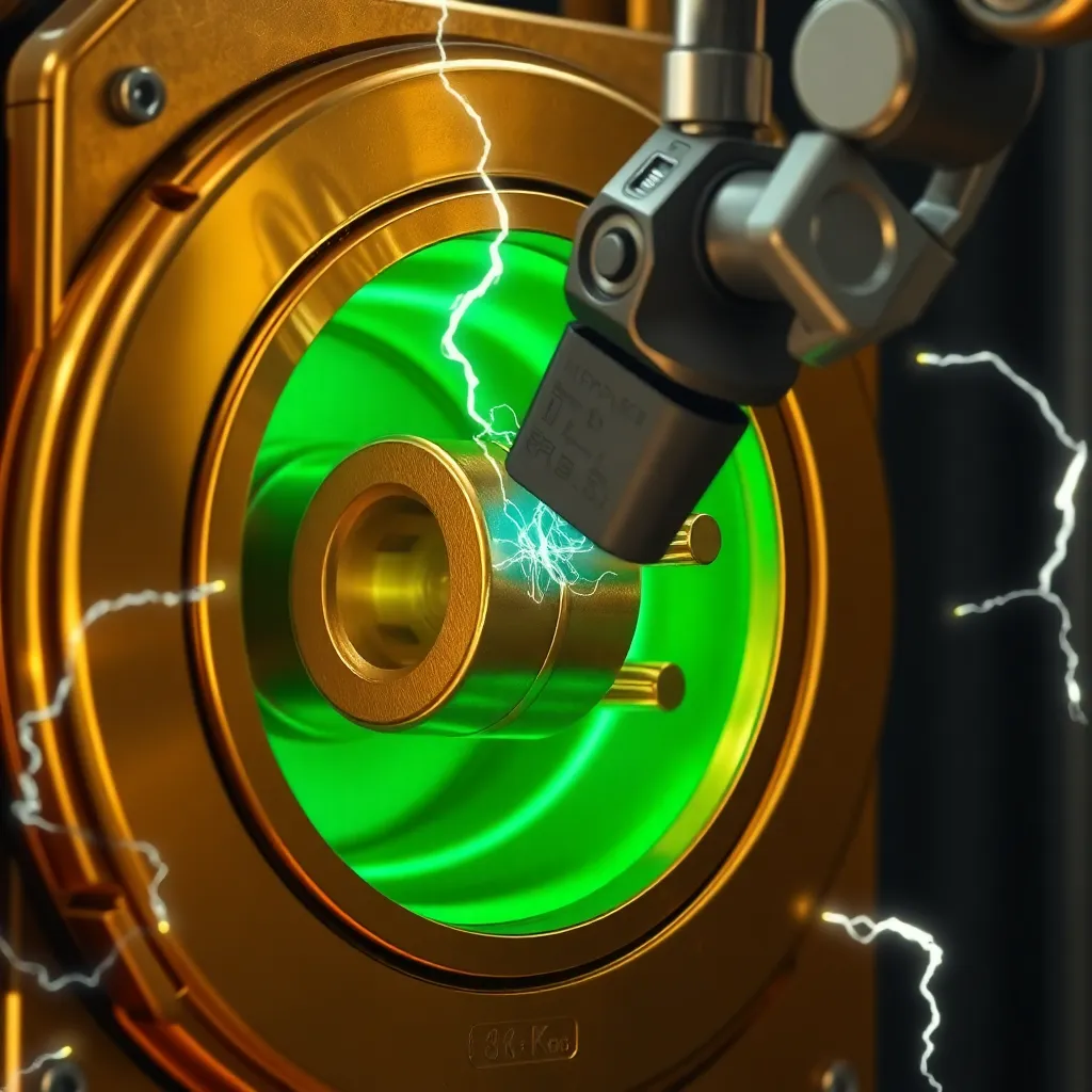 A close-up of a massive golden power plug the size of a trash can being hammered into a glowing green socket by a robot arm, electricity arcing everywhere, 8k resolution, industrial aesthetic
