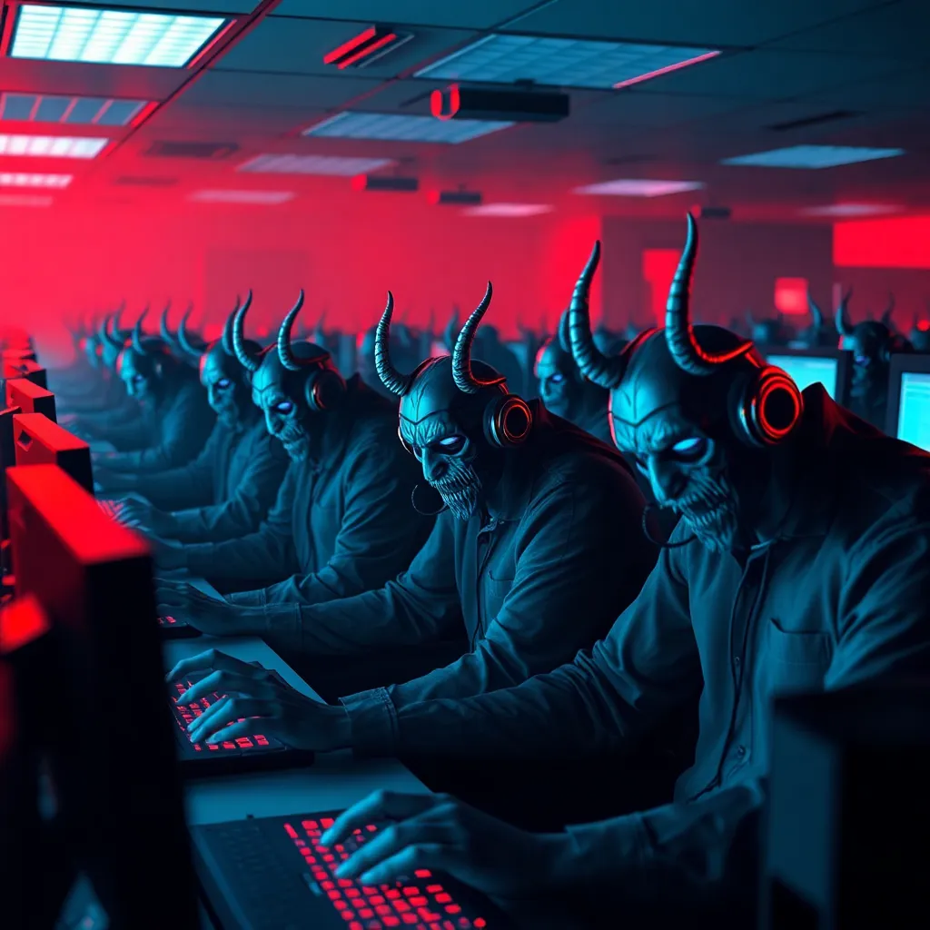 A demonic call center cubicle farm with imps wearing headsets, glowing computer screens showing soul spreadsheets, red ambient lighting, chaotic office environment