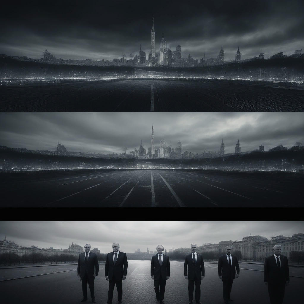 A split-screen image of world leaders, including Putin, Biden, and Macron, with a cityscape in the background, symbolizing global tension, high-contrast, dramatic lighting, 4k