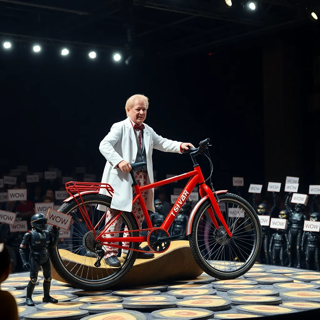 elon musk dramatically unveiling a standard red bicycle on a stage made of recycled avocado pits, wearing a lab coat over pajamas, crowd of robots holding tiny 'wow' signs