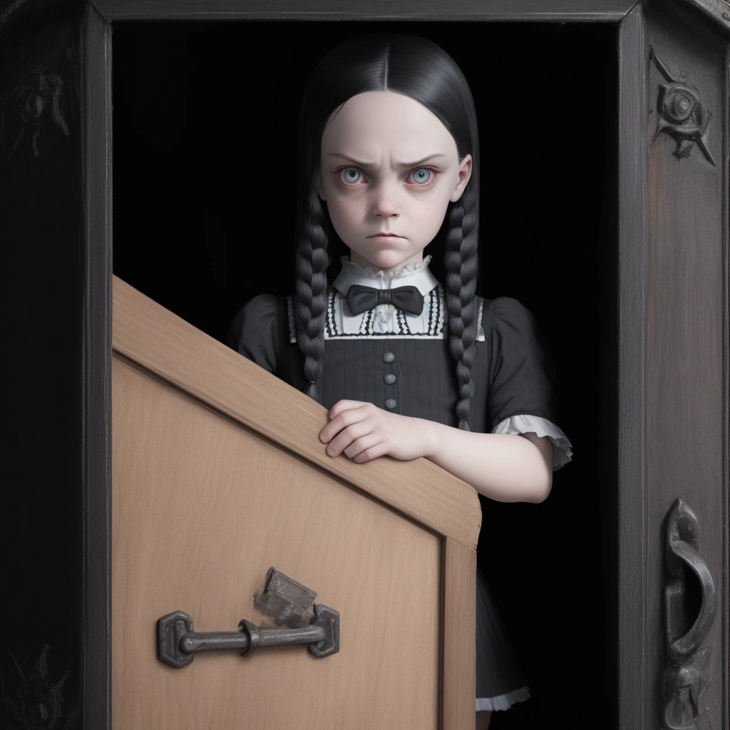 Wednesday Addams in front of a closed coffin