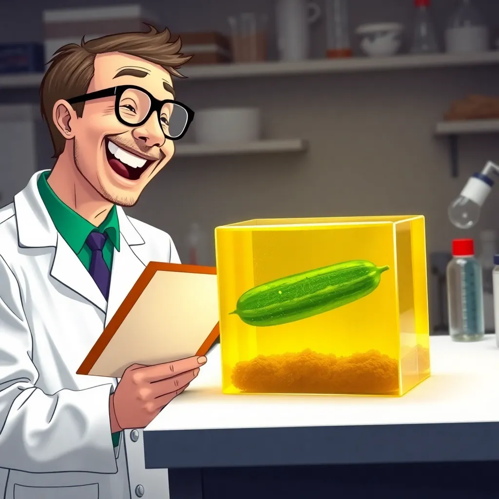 a scientist holding a clipboard, laughing while observing a ballistic gel block with a cucumber embedded in it, humorous and whimsical laboratory scene