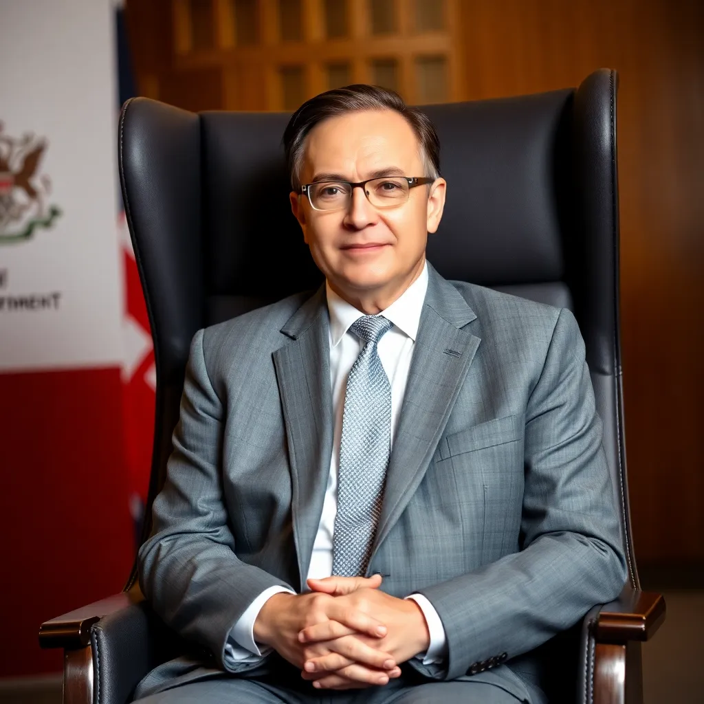 A portrait of a senior civil servant in a grey suit, sitting perfectly still in a high-backed chair, hands folded, neutral expression, official government backdrop, professional studio lighting.