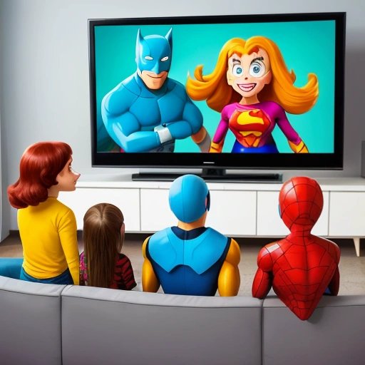 Cartoon family watching IT superhero show