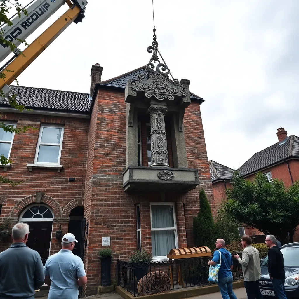 A wide-angle press photo of a heavy-duty crane lifting a massive, ornate stone hammer into the second-story window of a brick townhouse. Neighbors are watching from the sidewalk. Overcast sky, British suburban setting.