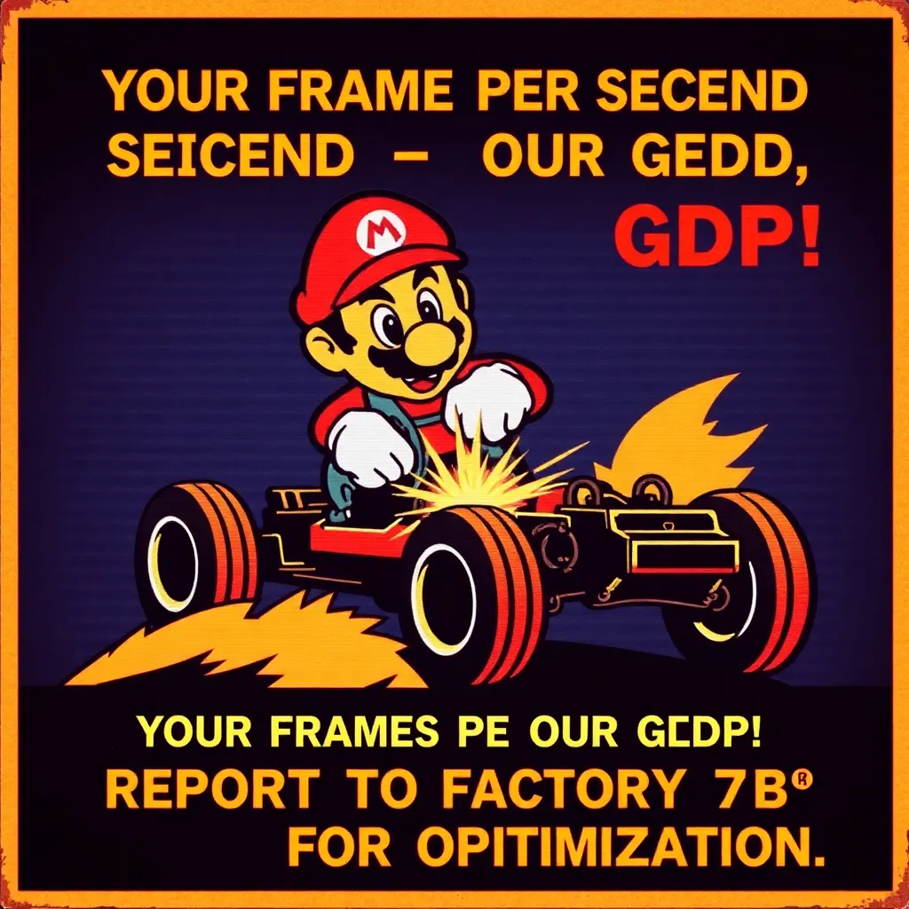 A 1950s-style propaganda poster showing a pixelated Mario character welding a car chassis with the slogan 'YOUR FRAMES PER SECOND = OUR GDP! REPORT TO FACTORY 7B FOR OPTIMIZATION.' Vintage aesthetic with CRT screen glitches.